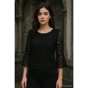 Adrianna‎ Papell Womens Lace Top Size M Black Bell Sleeve Romantic Whimsigoth